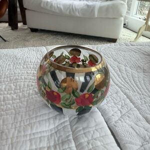 MacKenzie-Childs NWT Hand-Painted Red Floral Glass bowl/ Vase with Gold Trim